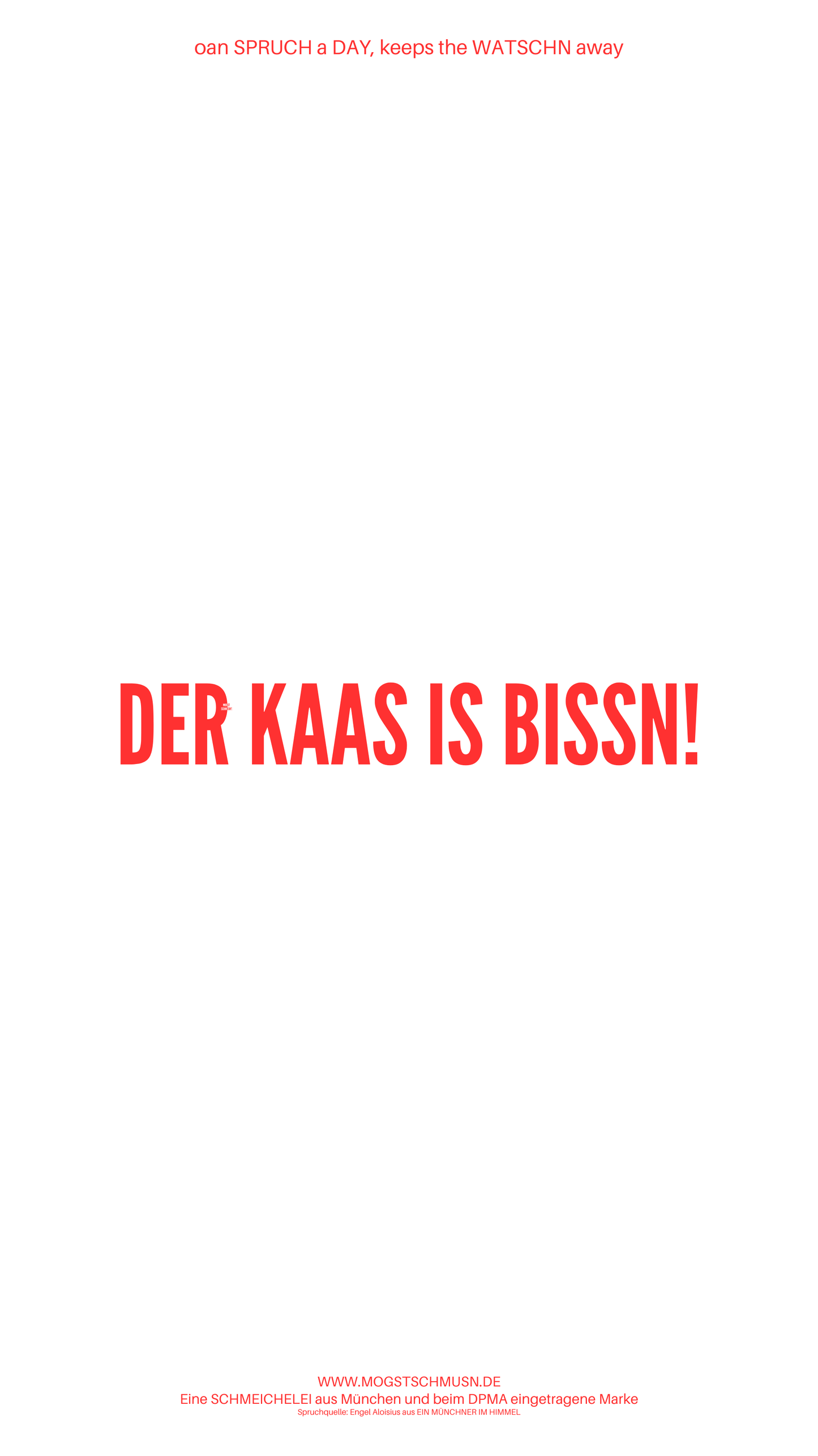 Weißes digitales Hintergrundbild mit dem bayerischen Spruch „DER KAAS IS BISSN!“in roter Schrift, darunter Website und Markenschriftzug von mogstschmusn.de