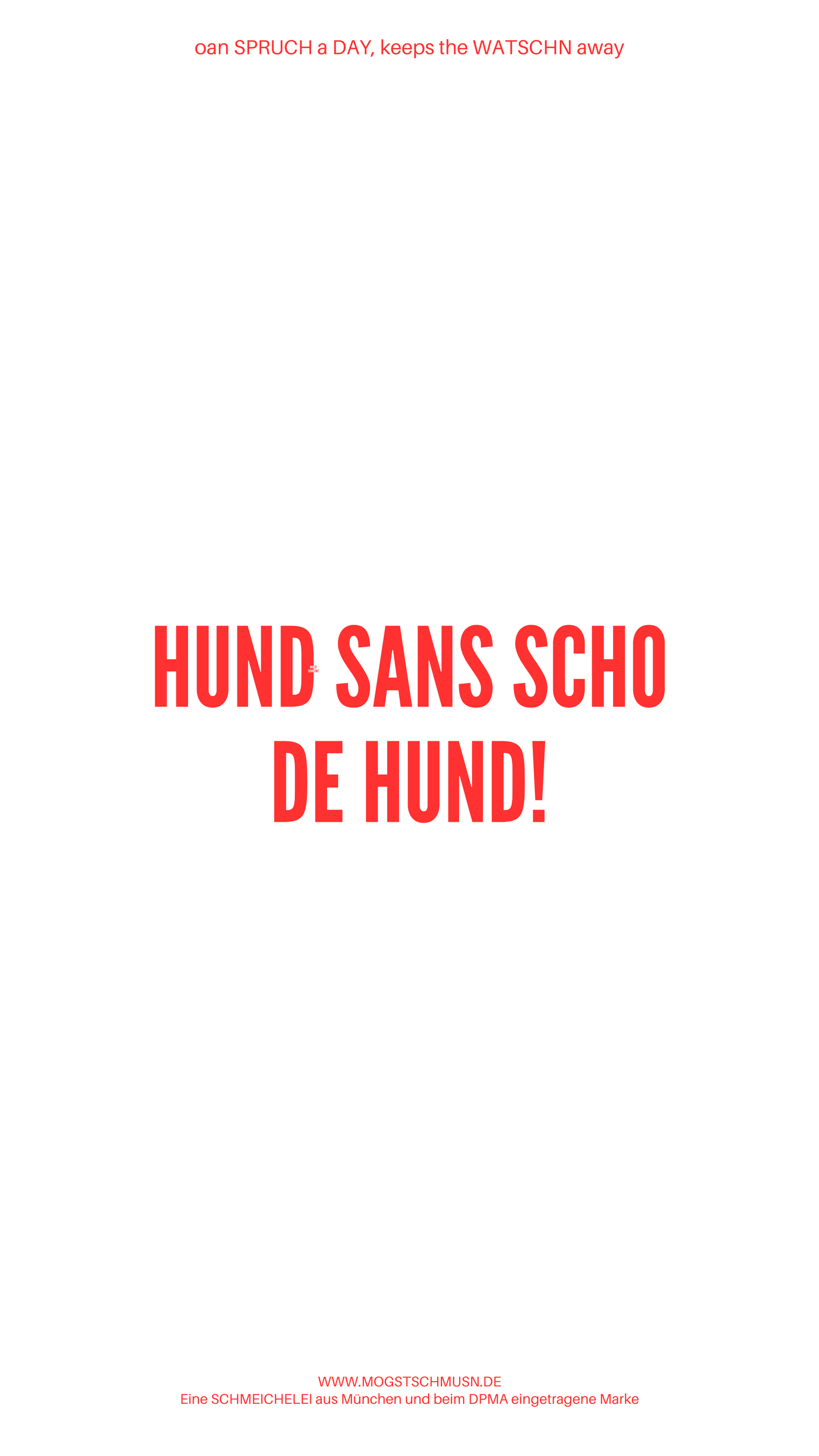 Weißes digitales Hintergrundbild mit dem bayerischen Spruch „HUND SANS SCHO DE HUND!“in roter Schrift, darunter Website und Markenschriftzug von mogstschmusn.de