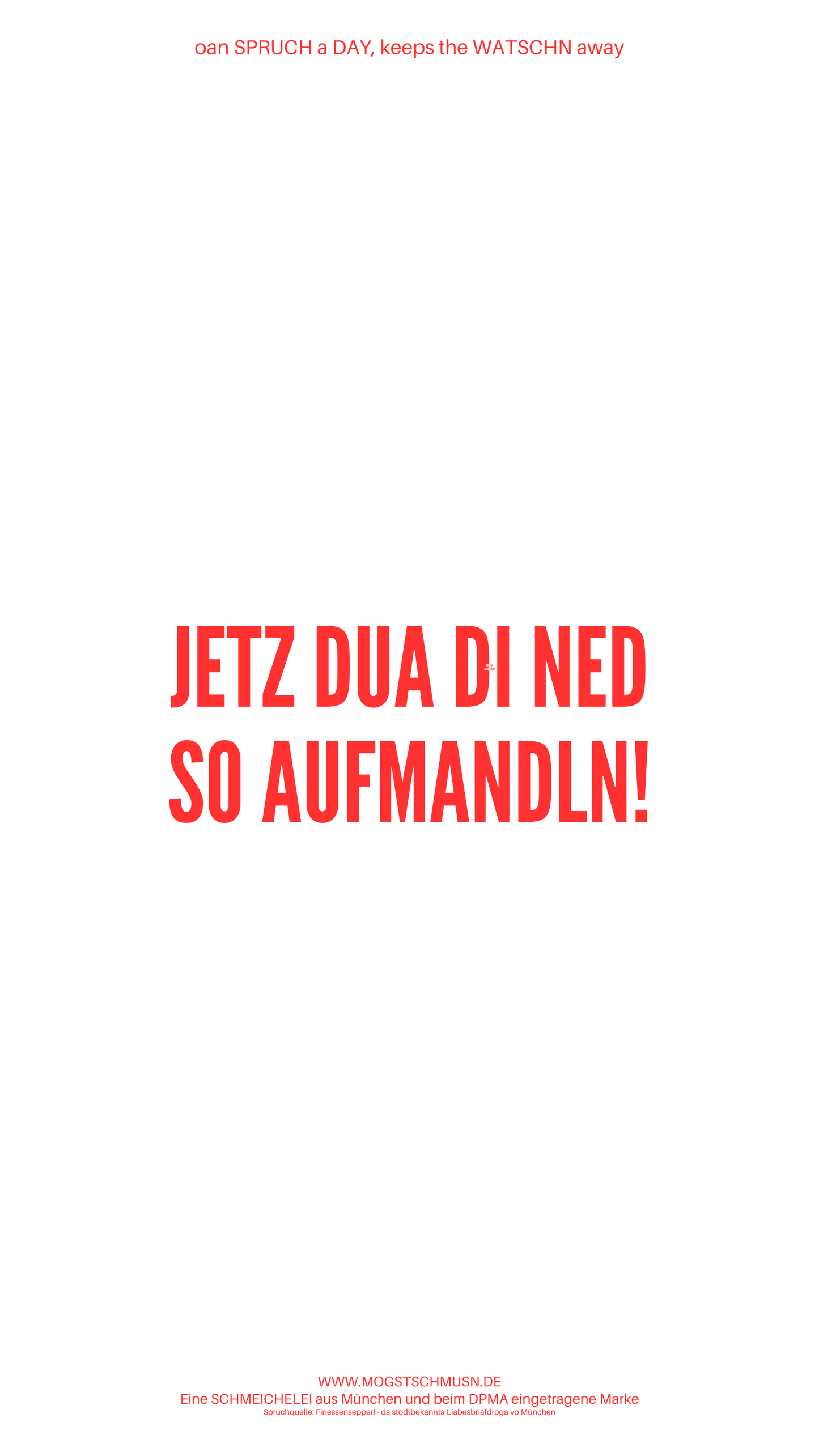 Weißes digitales Hintergrundbild mit dem bayerischen Spruch „JETZ DUA DI NED SO AUFMANDLN!“ in roter Schrift, darunter Website und Markenschriftzug von mogstschmusn.de