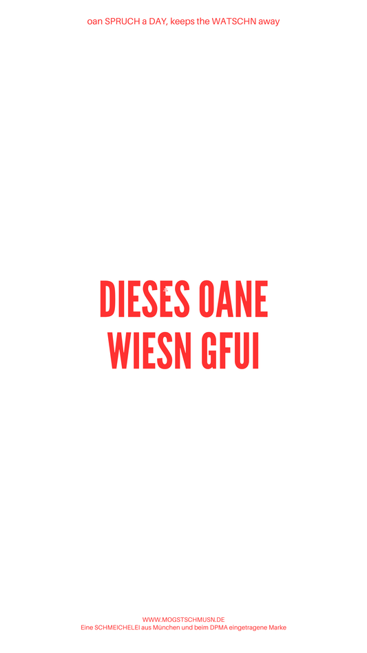 Weißes digitales Hintergrundbild mit dem bayerischen Spruch „DIESES OANE WIESN GFUI“ in roter Schrift, darunter Website und Markenschriftzug von mogstschmusn.de