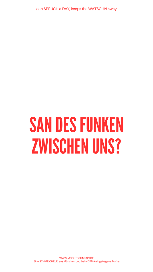 Weißes digitales Hintergrundbild mit dem bayerischen Spruch „SAN DES FUNKEN ZWISCHEN UNS?“in roter Schrift, darunter Website und Markenschriftzug von mogstschmusn.de