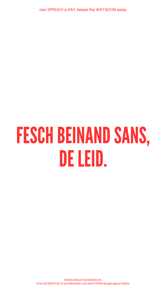 Weißes digitales Hintergrundbild mit dem bayerischen Spruch „FESCH BEINAND SAN’S, DE LEID.“in roter Schrift, darunter Website und Markenschriftzug von mogstschmusn.de