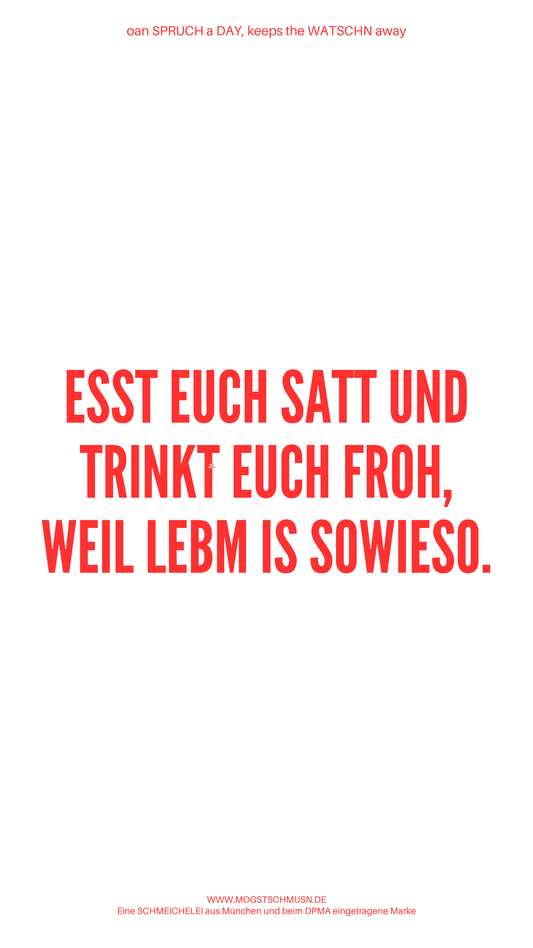 Weißes digitales Hintergrundbild mit dem bayerischen Spruch „ESST EUCH SATT UND TRINKT EUCH FROH, WEIL LEBM IS SOWIESO.“in roter Schrift, darunter Website und Markenschriftzug von mogstschmusn.de