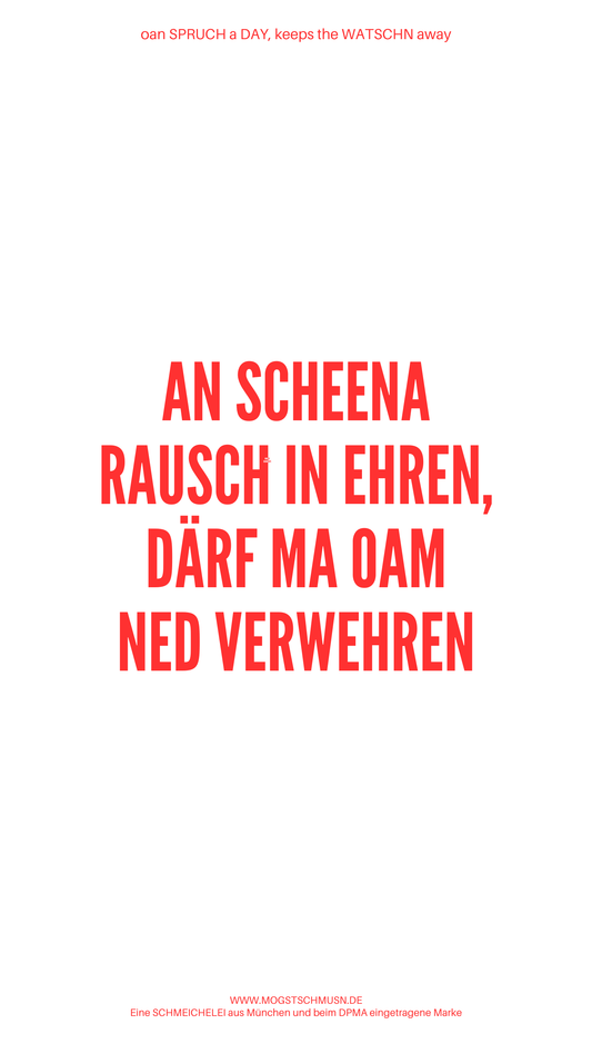 Weißes digitales Hintergrundbild mit dem bayerischen Spruch „AN SCHEENA RAUSCH IN EHREN, DÄRF MA OAM NED VERWEHREN“ in roter Schrift, darunter Website und Markenschriftzug von mogstschmusn.de