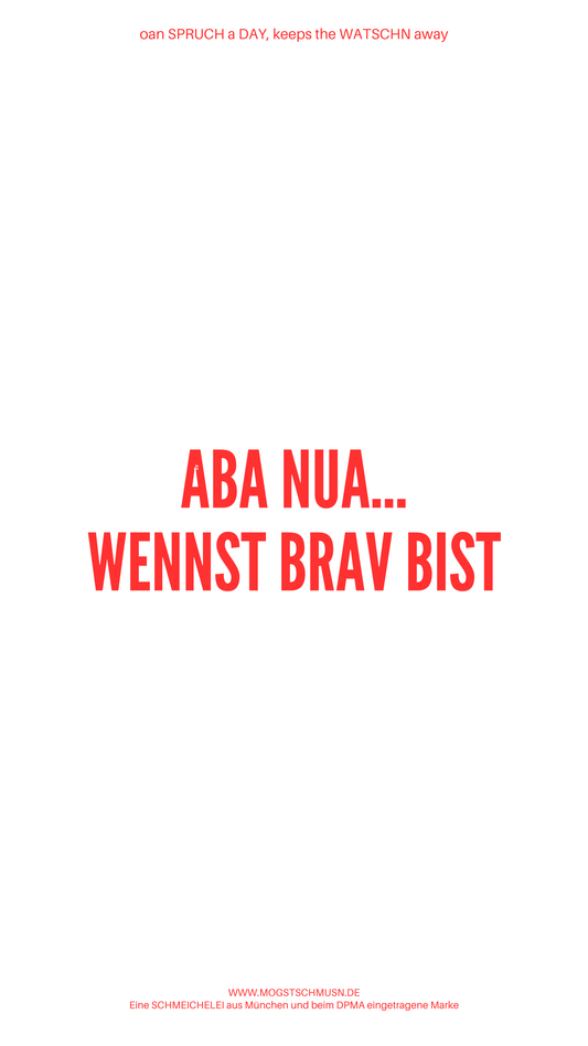 Weißes digitales Hintergrundbild mit dem bayerischen Spruch „ABA NUA…WENNST BRAV BIST“in roter Schrift, darunter Website und Markenschriftzug von mogstschmusn.de