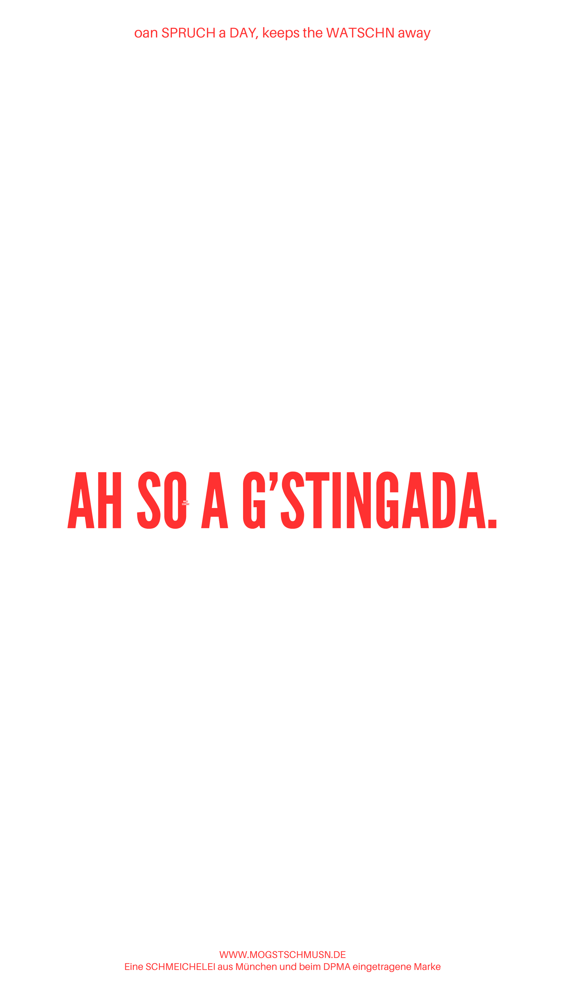 Weißes digitales Hintergrundbild mit dem bayerischen Spruch „A SO A G’STINGADA.“in roter Schrift, darunter Website und Markenschriftzug von mogstschmusn.de