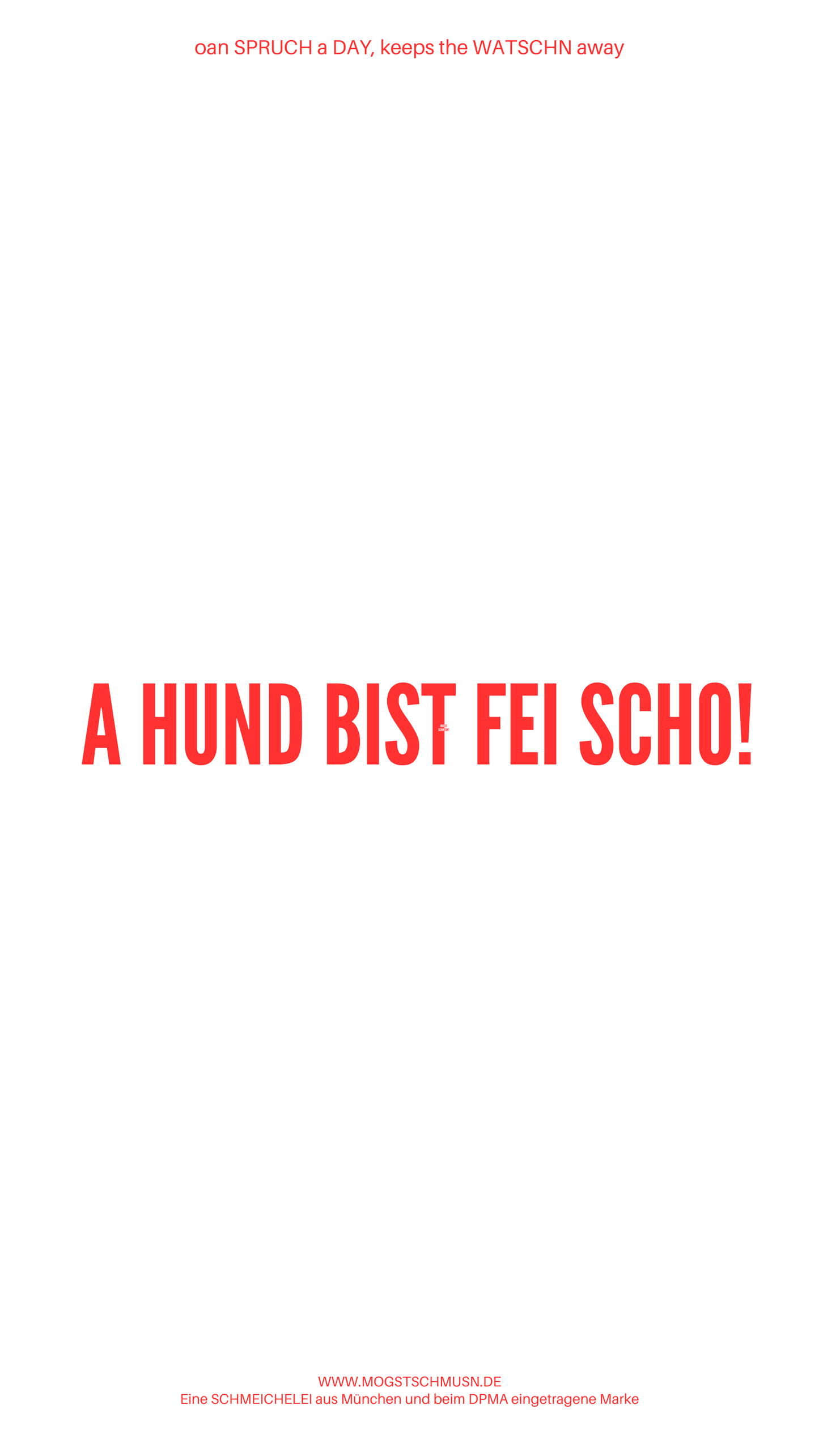 Weißes digitales Hintergrundbild mit dem bayerischen Spruch „A HUND BIST FEI SCHO!“in roter Schrift, darunter Website und Markenschriftzug von mogstschmusn.de