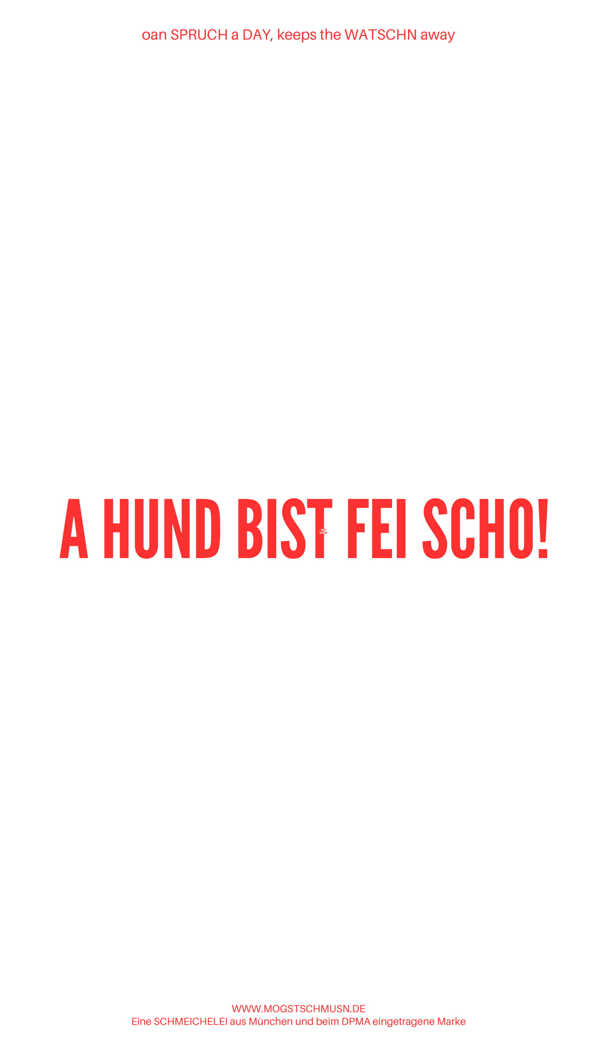 Weißes digitales Hintergrundbild mit dem bayerischen Spruch „A HUND BIST FEI SCHO!“in roter Schrift, darunter Website und Markenschriftzug von mogstschmusn.de