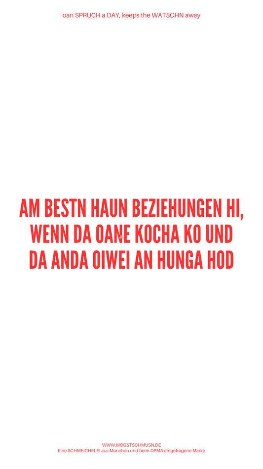 Weißes digitales Hintergrundbild mit dem bayerischen Spruch „AM BESTEN HAUN BEZIEHUNGEN HI, WENN DA OANE KOCHA KO UND DA ANDA OIWEI AN HUNGA HOD“ in roter Schrift, darunter Website und Markenschriftzug von mogstschmusn.de