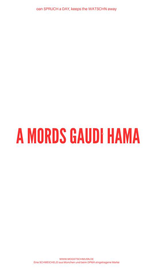 Weißes digitales Hintergrundbild mit dem bayerischen Spruch „A MORDS GAUDI HAMA“in roter Schrift, darunter Website und Markenschriftzug von mogstschmusn.de
