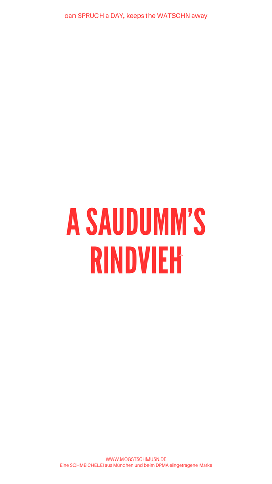 Weißes digitales Hintergrundbild mit dem bayerischen Spruch „A SAUDUMM’S RINDVIEH“in roter Schrift, darunter Website und Markenschriftzug von mogstschmusn.de