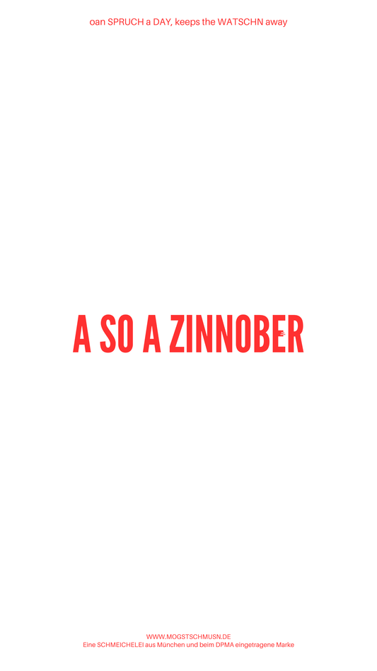 Weißes digitales Hintergrundbild mit dem bayerischen Spruch „A SO A ZINNOBER“ in roter Schrift, darunter Website und Markenschriftzug von mogstschmusn.de