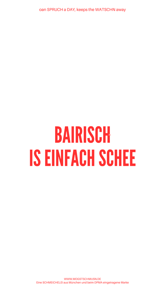 Weißes digitales Hintergrundbild mit dem bayerischen Spruch „BAIRISCH IS EINFACH SCHEE“in roter Schrift, darunter Website und Markenschriftzug von mogstschmusn.de