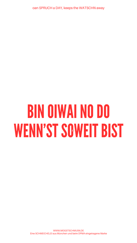 Weißes digitales Hintergrundbild mit dem bayerischen Spruch „BIN OIWEI NO DO WENN'ST SOWEIT BIST“ in roter Schrift, darunter Website und Markenschriftzug von mogstschmusn.de