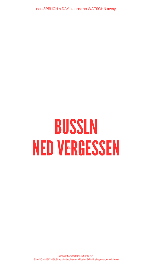 Weißes digitales Hintergrundbild mit dem bayerischen Spruch „BUSSLN NED VERGESSEN“ in roter Schrift, darunter Website und Markenschriftzug von mogstschmusn.de