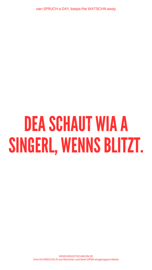 Weißes digitales Hintergrundbild mit dem bayerischen Spruch „DEA SCHAUT WIA A SINGERL, WENNS BLITZT.“in roter Schrift, darunter Website und Markenschriftzug von mogstschmusn.de