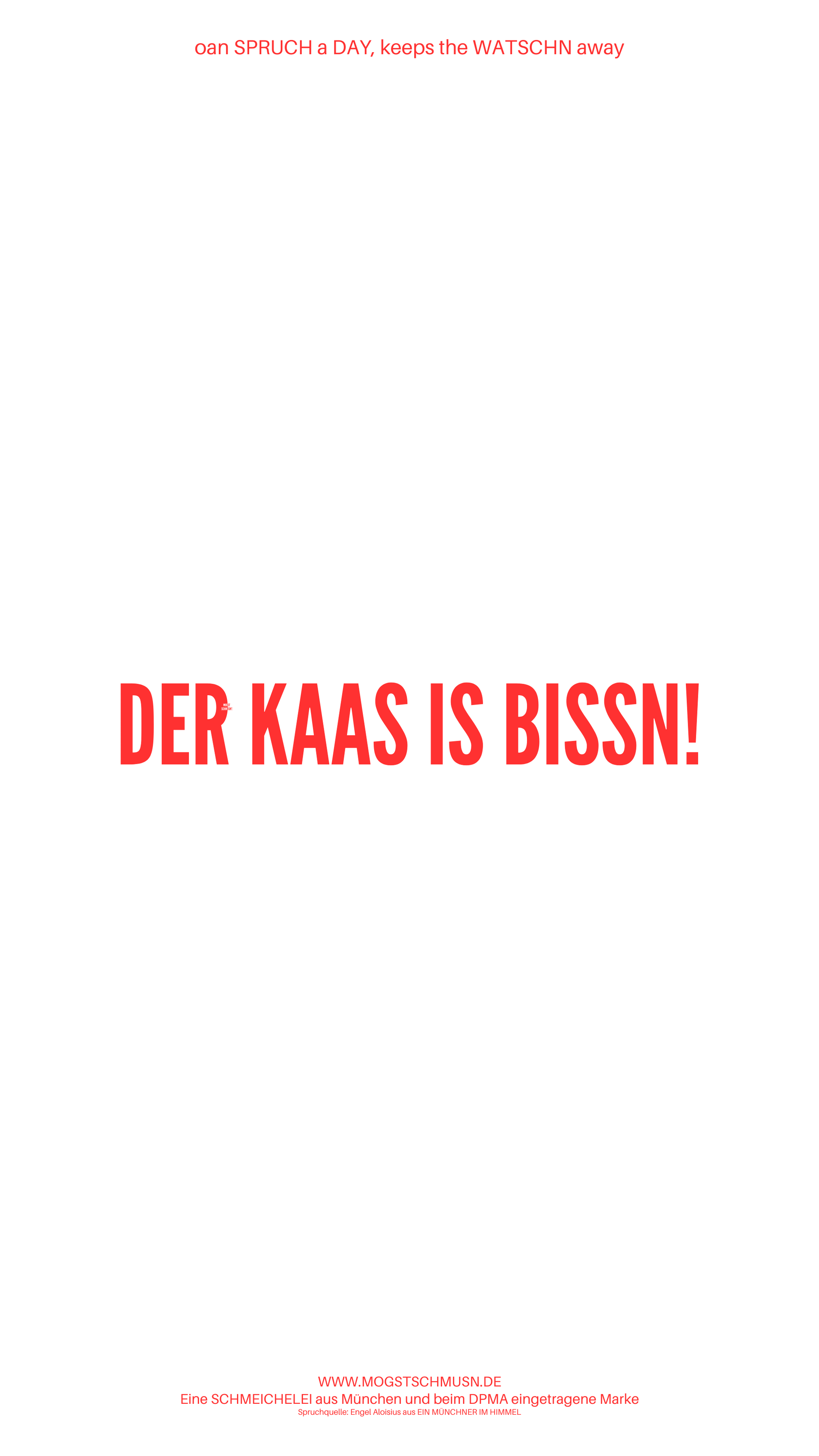 Weißes digitales Hintergrundbild mit dem bayerischen Spruch „DER KAAS IS BISSN!“in roter Schrift, darunter Website und Markenschriftzug von mogstschmusn.de