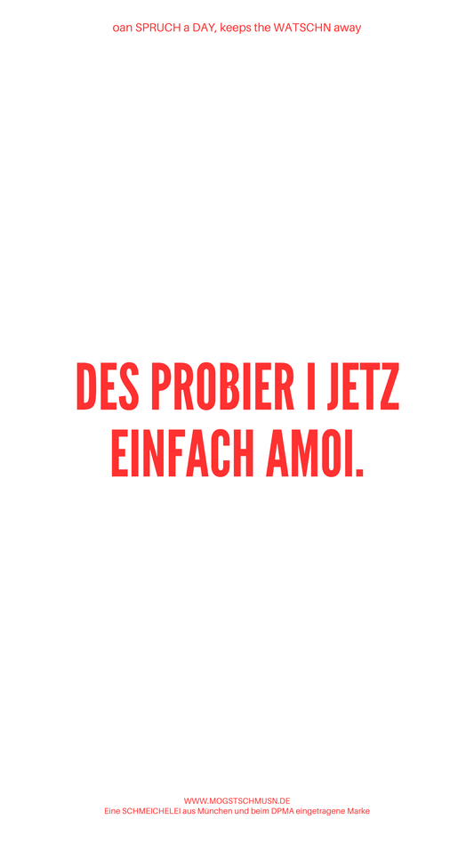 Weißes digitales Hintergrundbild mit dem bayerischen Spruch „DES PROBIER I JETZ EINFACH AMOI.“in roter Schrift, darunter Website und Markenschriftzug von mogstschmusn.de