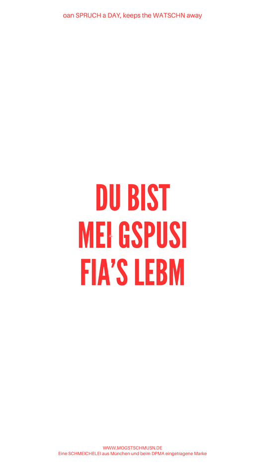 Weißes digitales Hintergrundbild mit dem bayerischen Spruch „DU BIST MEI GSPUSI FIA’S LEBM“in roter Schrift, darunter Website und Markenschriftzug von mogstschmusn.de