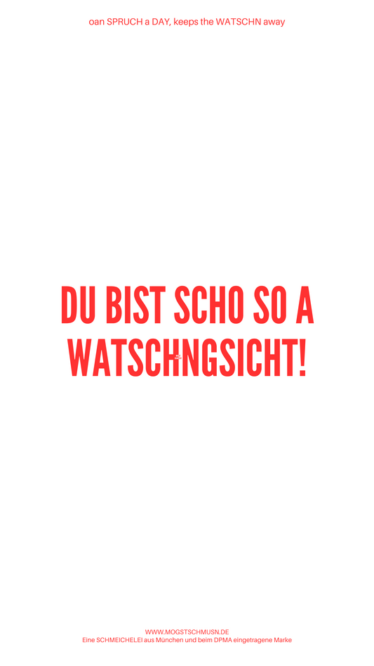 Weißes digitales Hintergrundbild mit dem bayerischen Spruch „DU BIST SCHO SO A WATSCHNGSICHT!“ in roter Schrift, darunter Website und Markenschriftzug von mogstschmusn.de