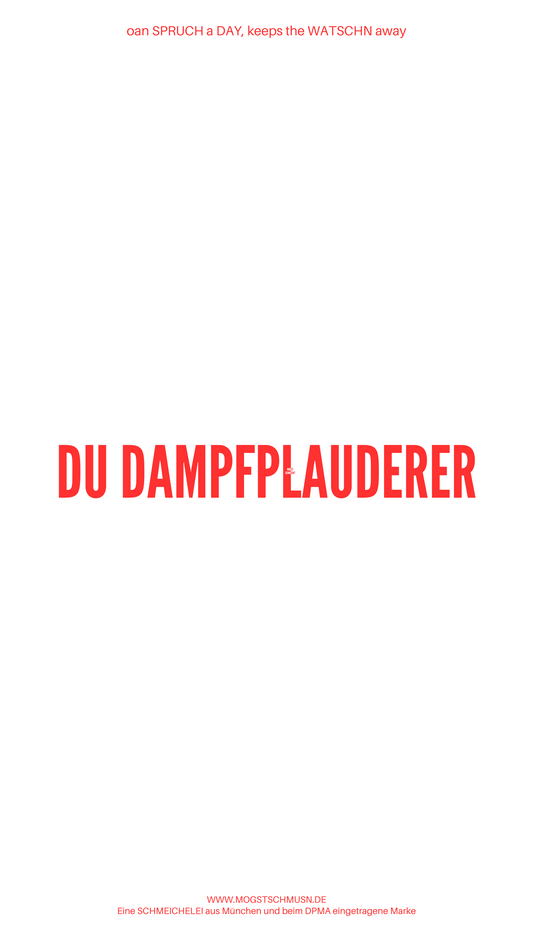 Weißes digitales Hintergrundbild mit dem bayerischen Spruch „DU DAMPFPLAUDERER“ in roter Schrift, darunter Website und Markenschriftzug von mogstschmusn.de