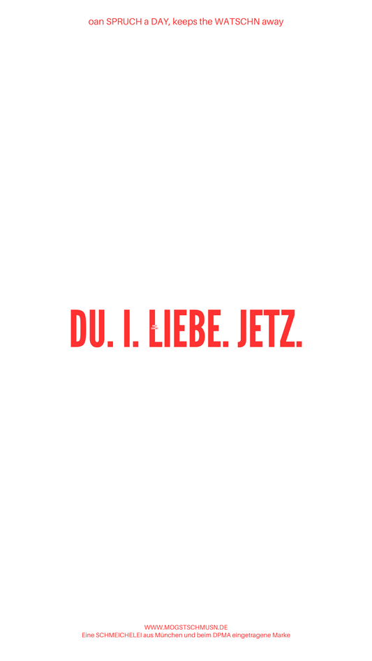 Weißes digitales Hintergrundbild mit dem bayerischen Spruch „DU. I. LIEBE. JETZ.“ in roter Schrift, darunter Website und Markenschriftzug von mogstschmusn.de