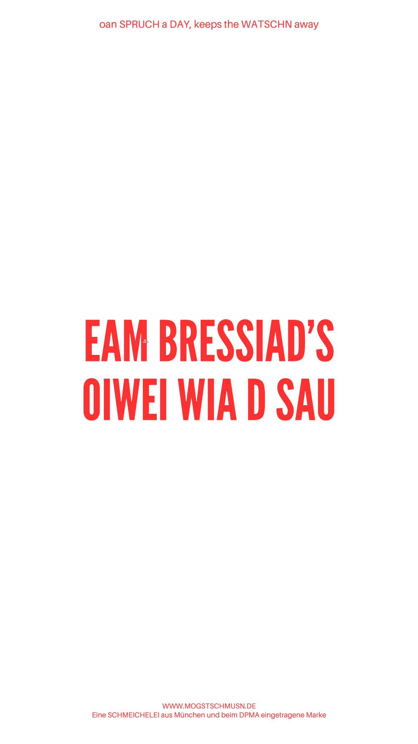 Weißes digitales Hintergrundbild mit dem bayerischen Spruch „EAM BRESSIAD’S OIWEI WIA D SAU“.in roter Schrift, darunter Website und Markenschriftzug von mogstschmusn.de