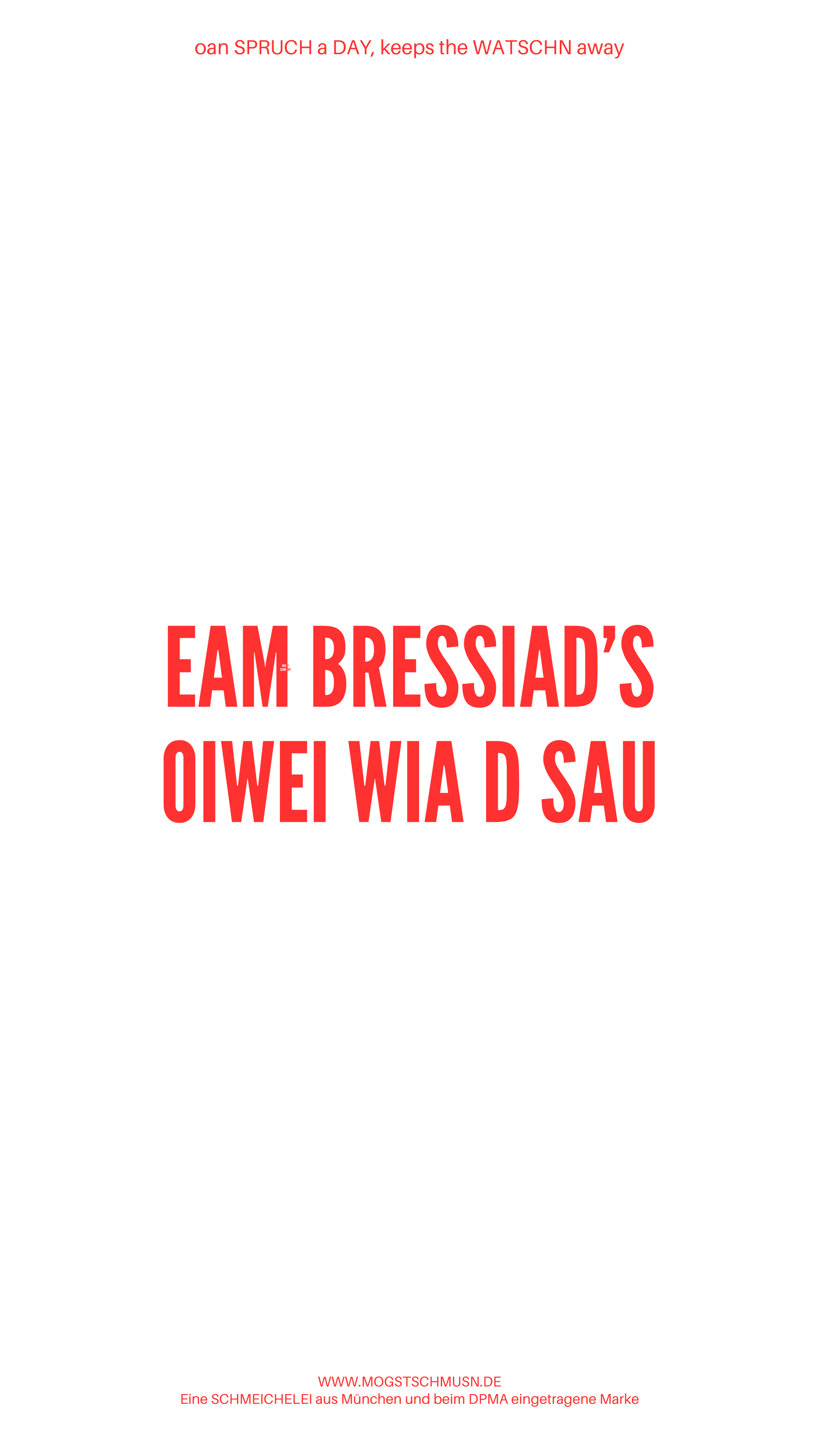 Weißes digitales Hintergrundbild mit dem bayerischen Spruch „EAM BRESSIAD’S OIWEI WIA D SAU“.in roter Schrift, darunter Website und Markenschriftzug von mogstschmusn.de
