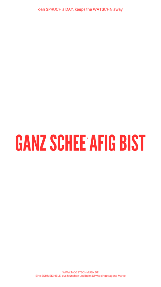 Weißes digitales Hintergrundbild mit dem bayerischen Spruch „GANZ SCHEE AFIG BIST“in roter Schrift, darunter Website und Markenschriftzug von mogstschmusn.de