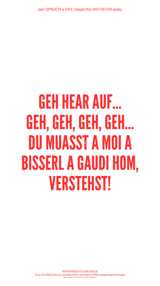 Weißes digitales Hintergrundbild mit dem bayerischen Spruch „GEH HEAR AUF…GEH, GEH, GEH, GEH…DU MUASST A MOI A BISSERL A GAUDI HOM, VERSTEHST!“ in roter Schrift, darunter Website und Markenschriftzug von mogstschmusn.de