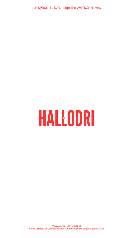 Weißes digitales Hintergrundbild mit dem bayerischen Spruch „HALLODRI“ in roter Schrift, darunter Website und Markenschriftzug von mogstschmusn.de