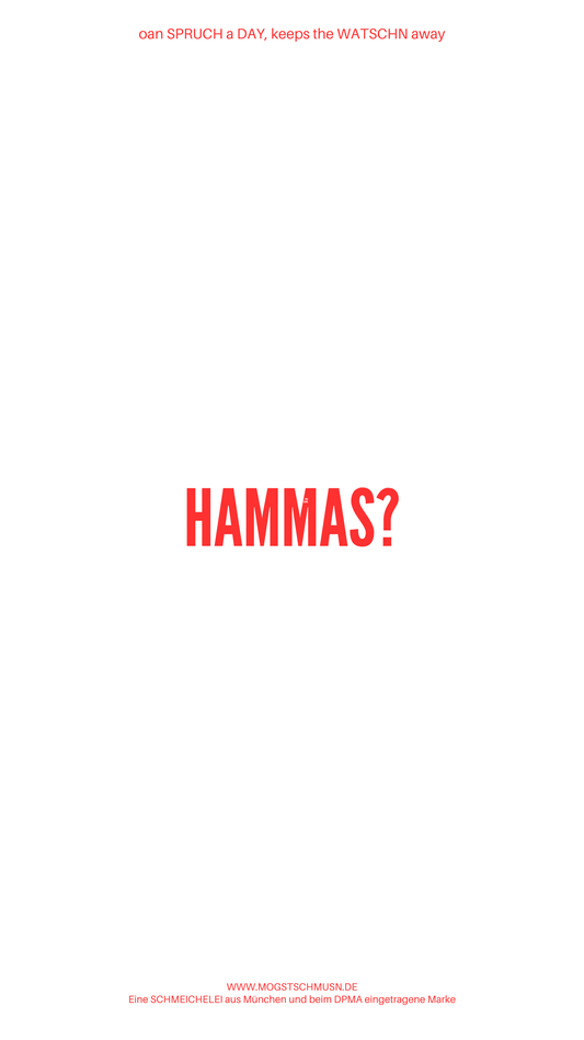 Weißes digitales Hintergrundbild mit dem bayerischen Spruch „HAMMAS?“in roter Schrift, darunter Website und Markenschriftzug von mogstschmusn.de