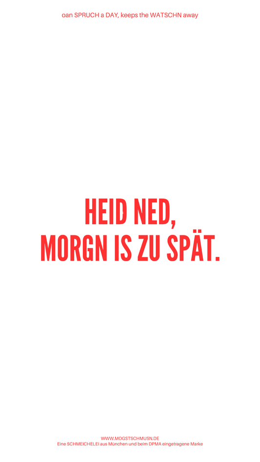 Weißes digitales Hintergrundbild mit dem bayerischen Spruch „HEID NED, MORGN IS ZU SPÄT.“in roter Schrift, darunter Website und Markenschriftzug von mogstschmusn.de