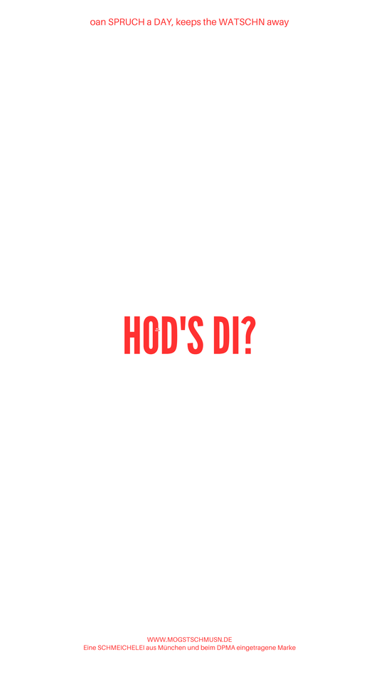 Weißes digitales Hintergrundbild mit dem bayerischen Spruch „HOD’S DI?“in roter Schrift, darunter Website und Markenschriftzug von mogstschmusn.de