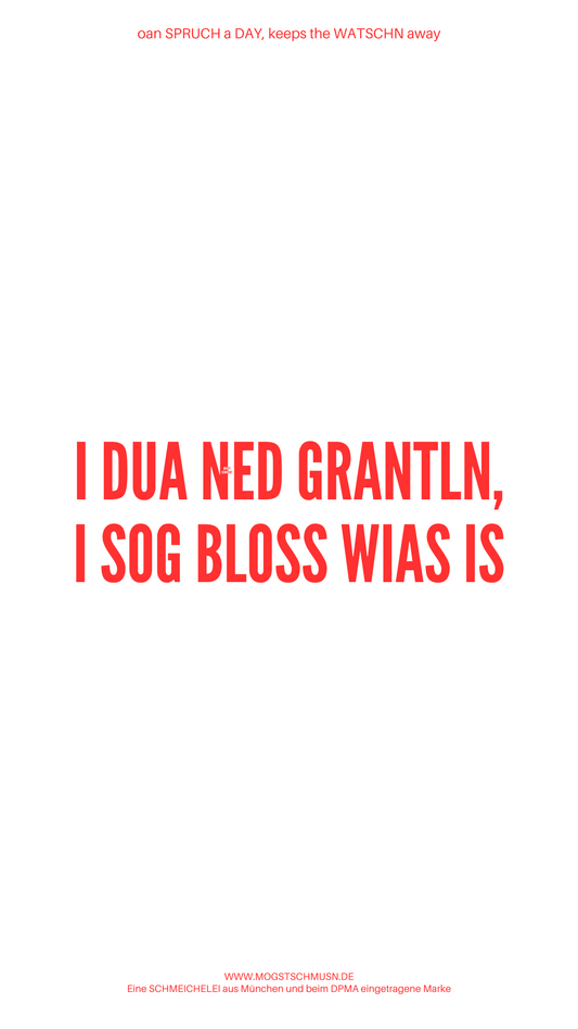Weißes digitales Hintegrundbild mit dem bayerischen Spruch „I DUA NED GRANTLN, I SOG BLOSS WIAS IS“ in roter Schrift, darunter Website und Markenschriftzug von mogstschmusn.de