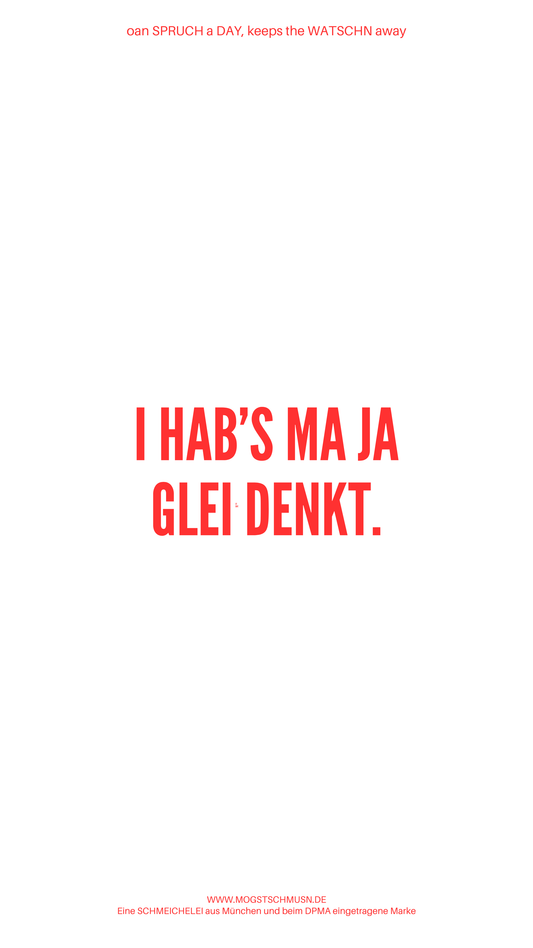 Weißes digitales Hintergrundbild mit dem bayerischen Spruch „I HAB’S MA JA GLEI DACHT.“in roter Schrift, darunter Website und Markenschriftzug von mogstschmusn.de