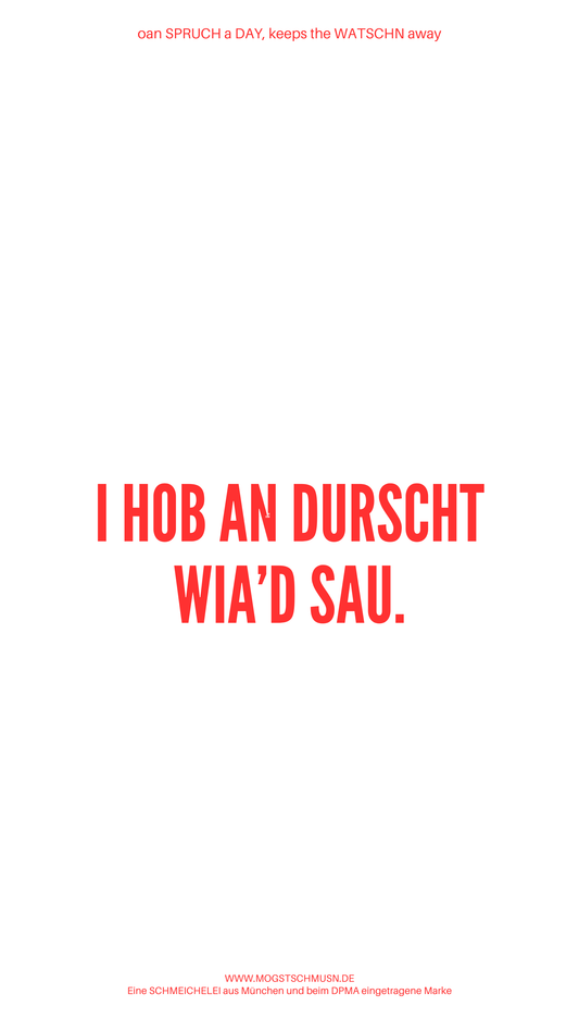 Weißes digitales Hintergrundbild mit dem bayerischen Spruch „I HOB AN DURSCHT WIA’D SAU:“in roter Schrift, darunter Website und Markenschriftzug von mogstschmusn.de