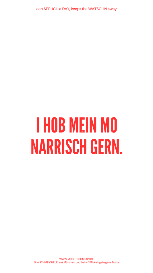 Weißes digitales Hintergrundbild mit dem bayerischen Spruch „I HOB MEI MO NARRISCH GERN.“in roter Schrift, darunter Website und Markenschriftzug von mogstschmusn.de