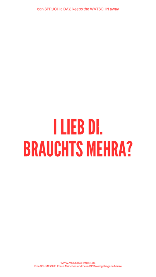 Weißes digitales Hintergrundbild mit dem bayerischen Spruch „I LIEB DI. BRAUCHTS MEHRA?“in roter Schrift, darunter Website und Markenschriftzug von mogstschmusn.de