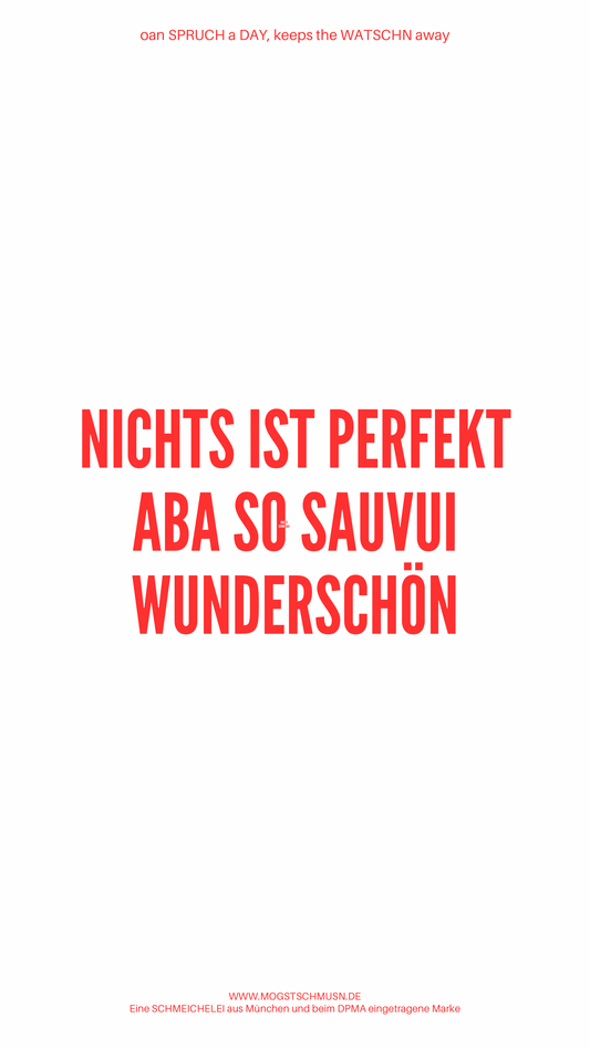Weißes digitales Hintergrundbild mit dem bayerischen Spruch „NICHTS IST PERFEKT ABA SO SAUVUI WUNDERSCHÖN“ in roter Schrift, darunter Website und Markenschriftzug von mogstschmusn.de