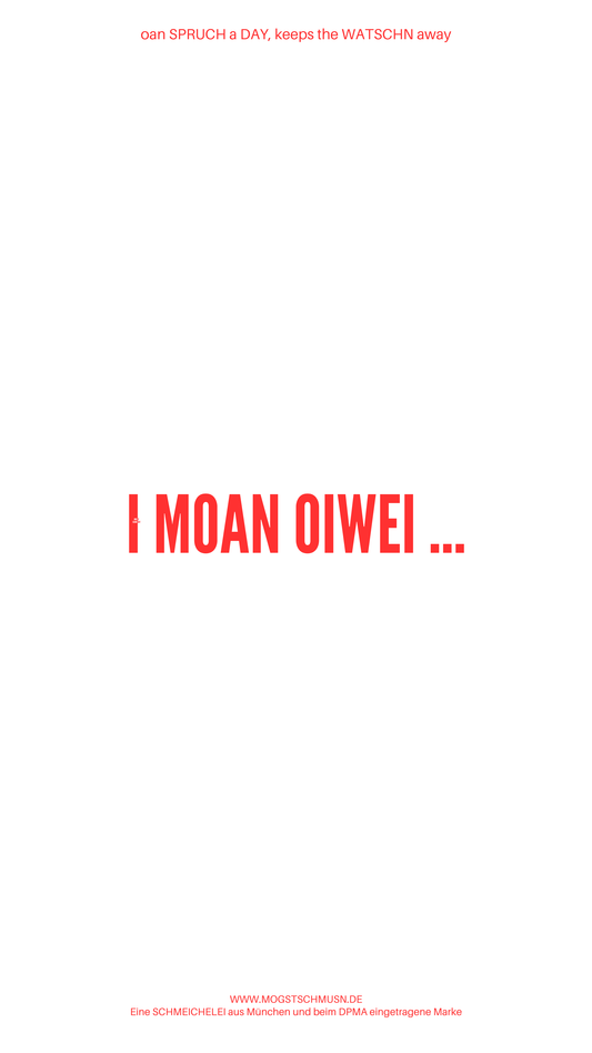 Weißes digitales Hintergrundbild mit dem bayerischen Spruch I MOAN OIWEI…“in roter Schrift, darunter Website und Markenschriftzug von mogstschmusn.de