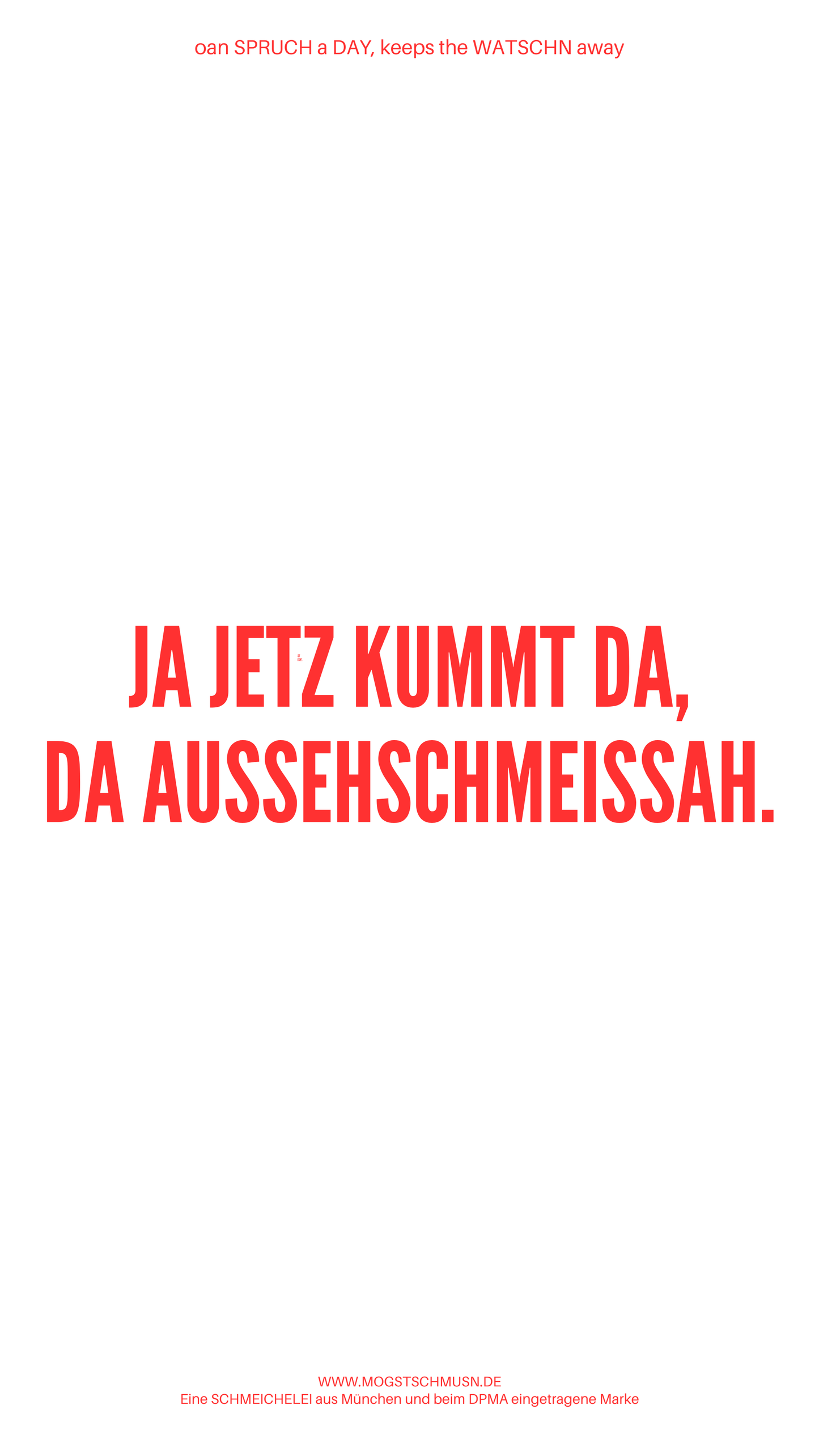 Weißes digitales Hintergrundbild mit dem bayerischen Spruch „JA JETZ KUMMT DA, DA AUSSEHSCHMEISSAH.“in roter Schrift, darunter Website und Markenschriftzug von mogstschmusn.de