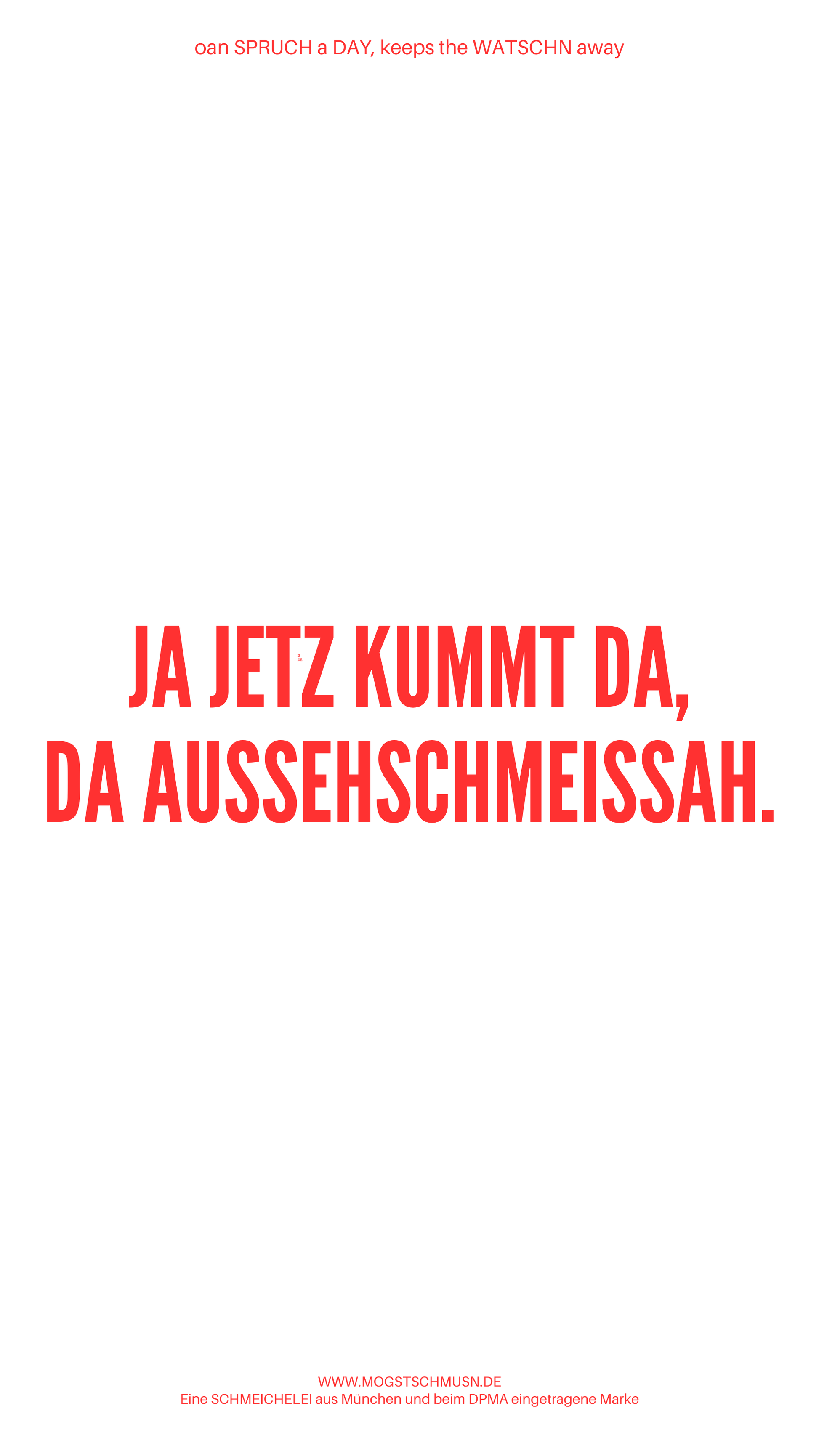 Weißes digitales Hintergrundbild mit dem bayerischen Spruch „JA JETZ KUMMT DA, DA AUSSEHSCHMEISSAH.“in roter Schrift, darunter Website und Markenschriftzug von mogstschmusn.de