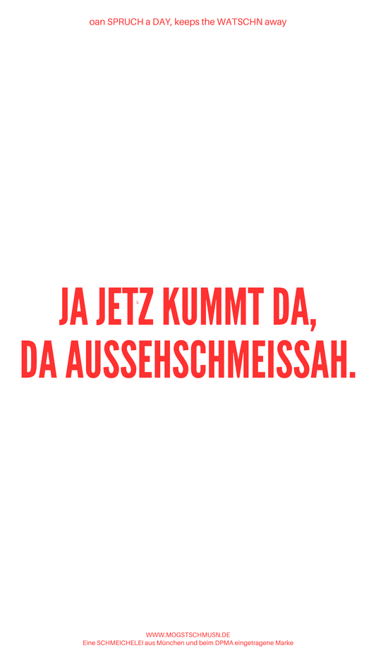 Weißes digitales Hintergrundbild mit dem bayerischen Spruch „JA JETZ KUMMT DA, DA AUSSEHSCHMEISSAH.“in roter Schrift, darunter Website und Markenschriftzug von mogstschmusn.de