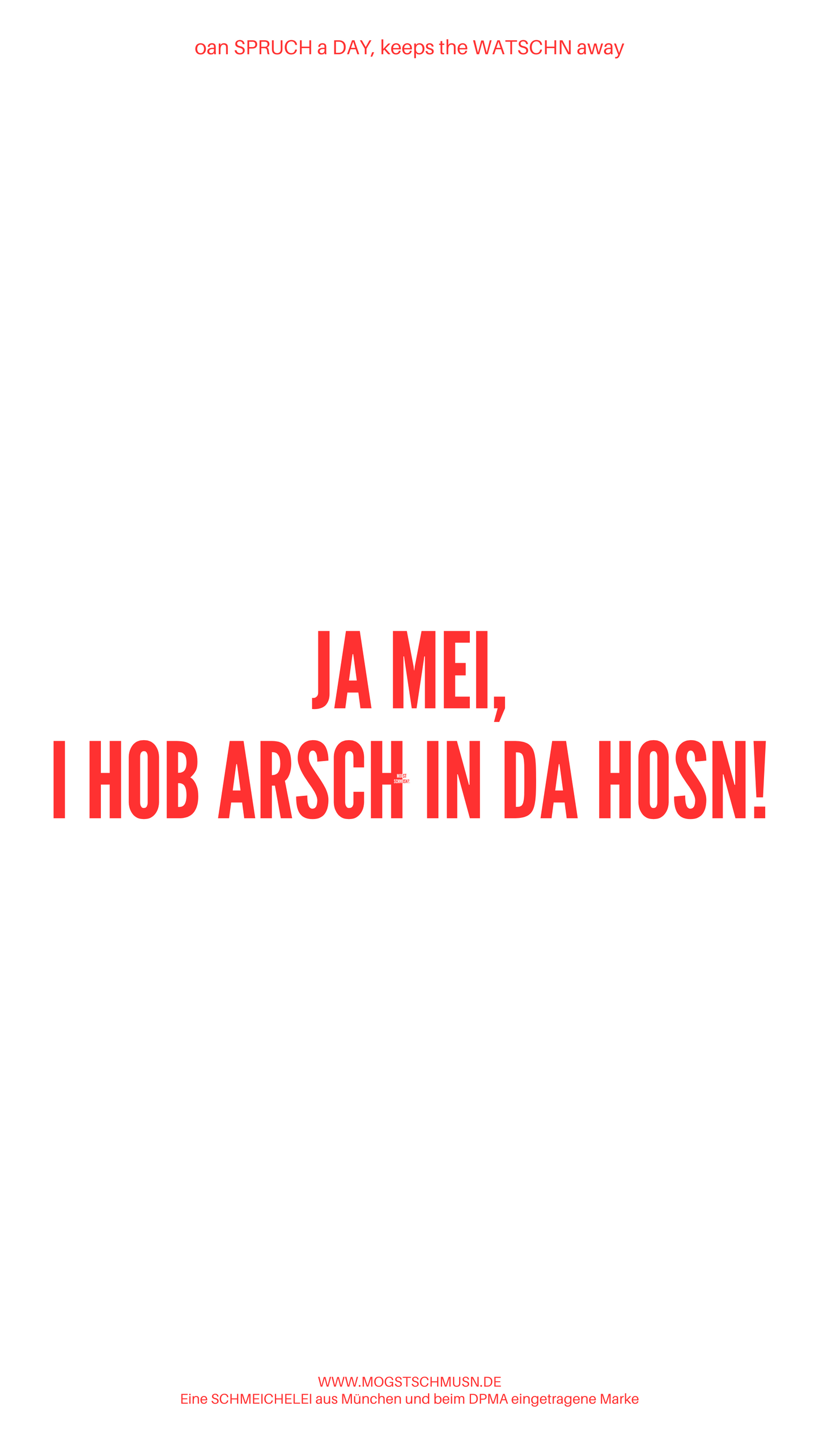 Weißes digitales Hintergrundbild mit dem bayerischen Spruch „JA MEI, I HOB ARSCH IN DA HOSN“ in roter Schrift, darunter Website und Markenschriftzug von mogstschmusn.de