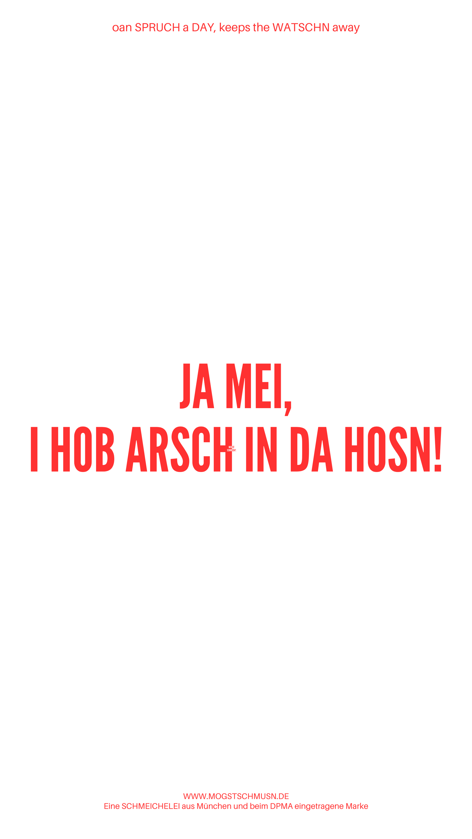 Weißes digitales Hintergrundbild mit dem bayerischen Spruch „JA MEI, I HOB ARSCH IN DA HOSN“ in roter Schrift, darunter Website und Markenschriftzug von mogstschmusn.de