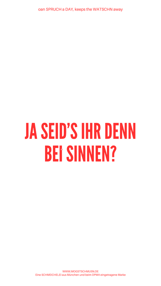Weißes digitales Hintergrundbild mit dem bayerischen Spruch „JA SEID’S IHR DENN BEI SINNEN?“ in roter Schrift, darunter Website und Markenschriftzug von mogstschmusn.de