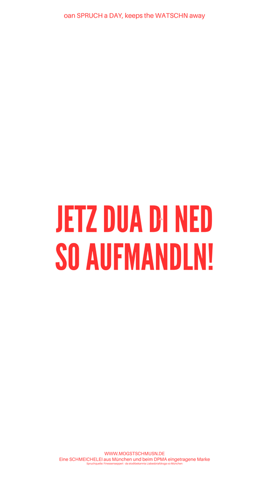 Weißes digitales Hintergrundbild mit dem bayerischen Spruch „JETZ DUA DI NED SO AUFMANDLN!“ in roter Schrift, darunter Website und Markenschriftzug von mogstschmusn.de