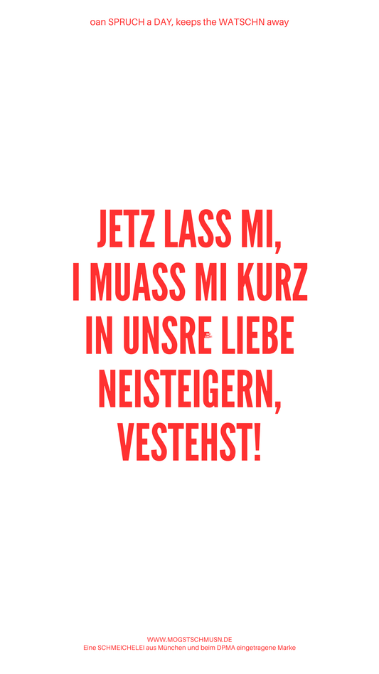 Weißes digitales Hintergrundbild mit dem bayerischen Spruch „JEZT LASS MI, I MUASS MI KURZ IN UNSRE LIEBE NEISTEIGERN, VERSTEHST!“ in roter Schrift, darunter Website und Markenschriftzug von mogstschmusn.de