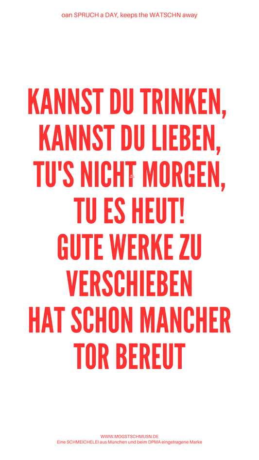 Weißes digitales Hintergrundbild mit dem bayerischen Spruch „KANNST DU TRINKEN, KANNST DU LEBEN, TU'S NICHT MORGEN, TU ES HEUT! GUTE WERKE ZU VERSCHIEBEN HAT SCHON MANCHER TOR BEREUT“ in roter Schrift, darunter Website und Markenschriftzug von mogstschmusn.de